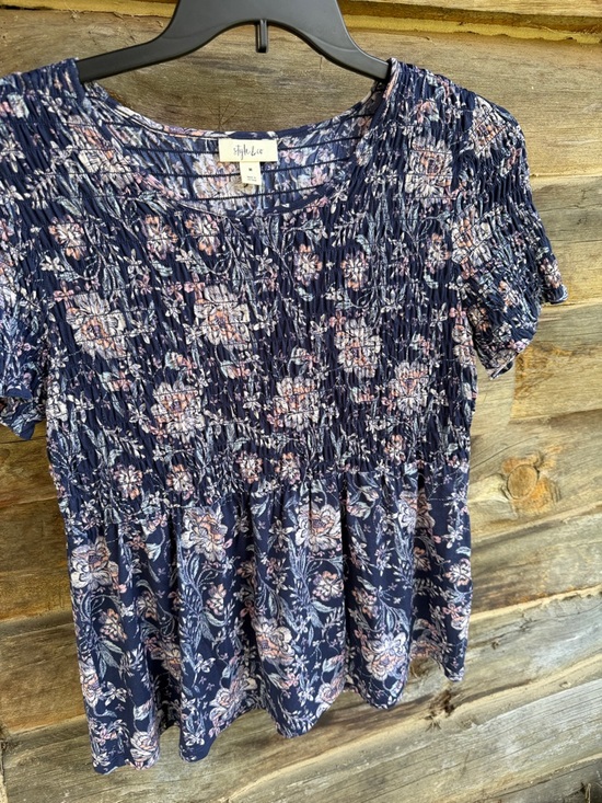 Style & Co. Tops - Style & Co. Navy Floral Smocked Peplum Top with Pink Accents